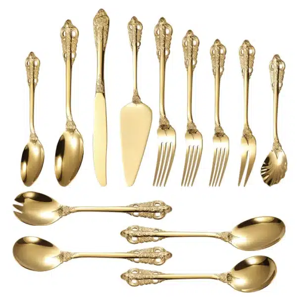 Kitchen Silver Gold Tableware Set Stainless Steel Royal Dessert Serving Spoon Forks Steak Knives Cutlery Western Dinnerware Gift - Image 2