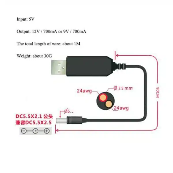 USB power boost line DC 5V to DC 9V / 12V Step UP Module USB Converter Adapter Cable 2.1x5.5mm Plug - Image 6