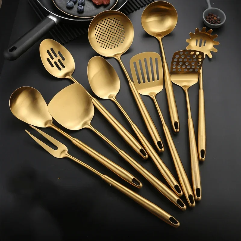 Stainless Steel Soup Rice Spoon Spatula Colander Frying Shovel Gold Long Handle Non-stick Restaurant Kitchen Gadget Sets