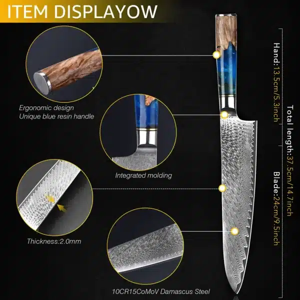 Damascus Steel Kitchen Knives VG10 Chef Paring Bread Knife Chef Knife Sharp Japanese Santoku Knife Resin Wood Handle Set - Image 4