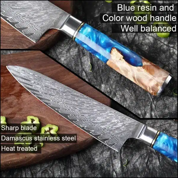 XITUO Kitchen Knives Set Damascus Steel VG10 Chef Knife Cleaver Paring Bread Knife Blue Resin Stabilised Wood Handle 1-7PCS set - Image 3