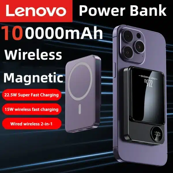 Lenovo 100000mAh Wireless Magnetic Power Bank Ultra Thin PD 22.5W Fast Charging Mobile Battery For Magsafe For iPhone 16 Samsung