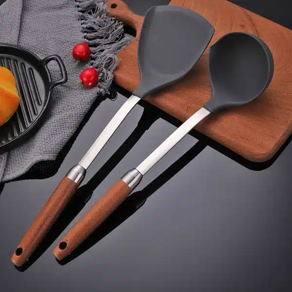 Silicone Head Non Stick Pan Frying Spatula Long Wooden Handle Food Cooking Shovel Soup Spoon Home Kitchenware Kitchen Gadgets - Image 4
