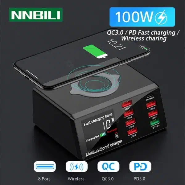 100W 8 Ports USB Charger Quick Charge 3.0 Adapter HUB Wireless Charger Charging Station PD Fast Charger For iPhone 11 13 Samsung