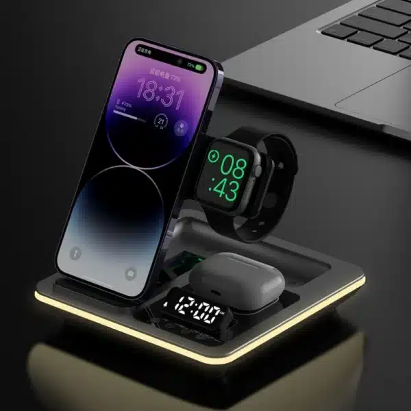 New 5 in 1 Protable Wireless Fast Charger Dock Station for Galaxy S25 Ultra S24/S23 Watch 7/6/5/4/3/2 Classic with Warm Light
