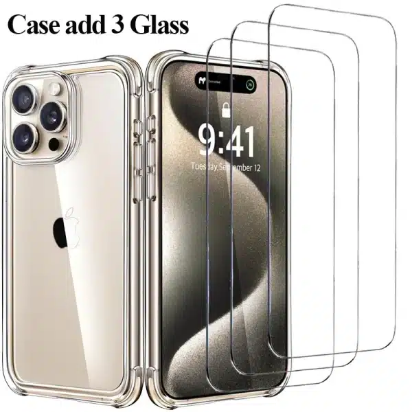 Armor 9H Glass + Case for iphone 11 12 13 14 15 16 pro silicone cover iphone 15 pro max screen protector shockproof clear cases