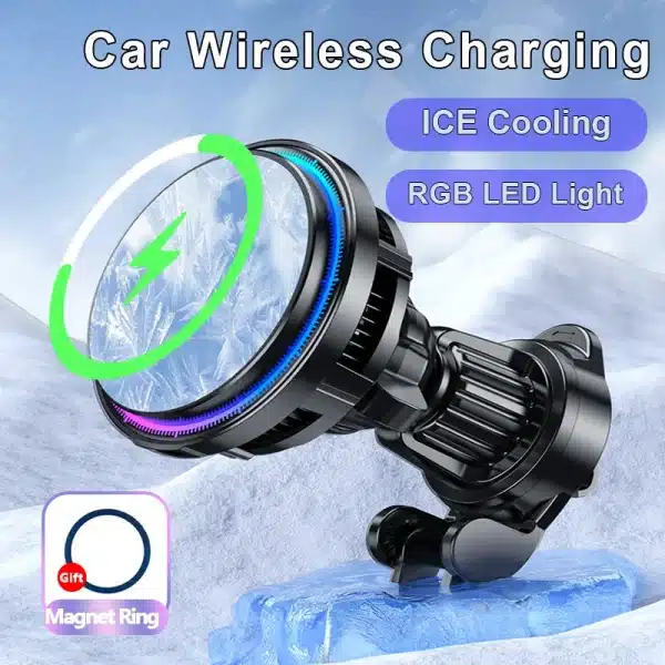 15W ice Cooling Magnetic Wireless Car Charger for iPhone 16 15 14 13 12 Pro Max MacSafe Car Phone Holder Fast Charging Station