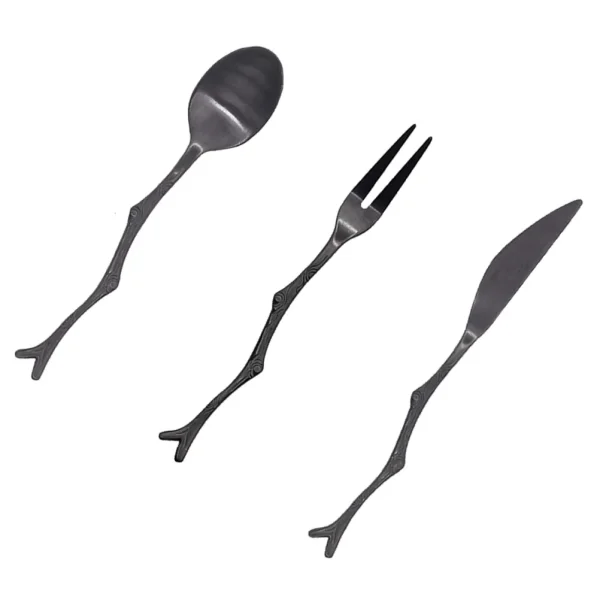 3pcs Spoon Fork Set Stainless Steel Vintage Flatware Tree Branch Design Fruit Cutlery for Home Restaurant (Black) - Image 4