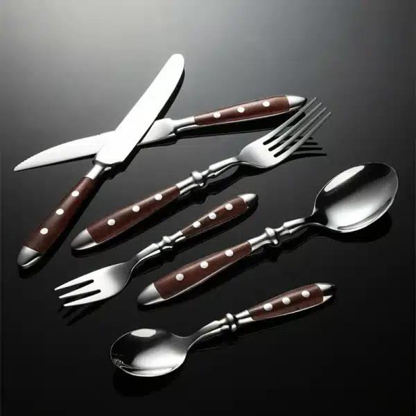 430 Stainless Steel Western Brown Cutlery Set Point Rivets Wooden Handle Dinnerware Knife Fork Spoon Teaspoon for Kitchen - Image 5