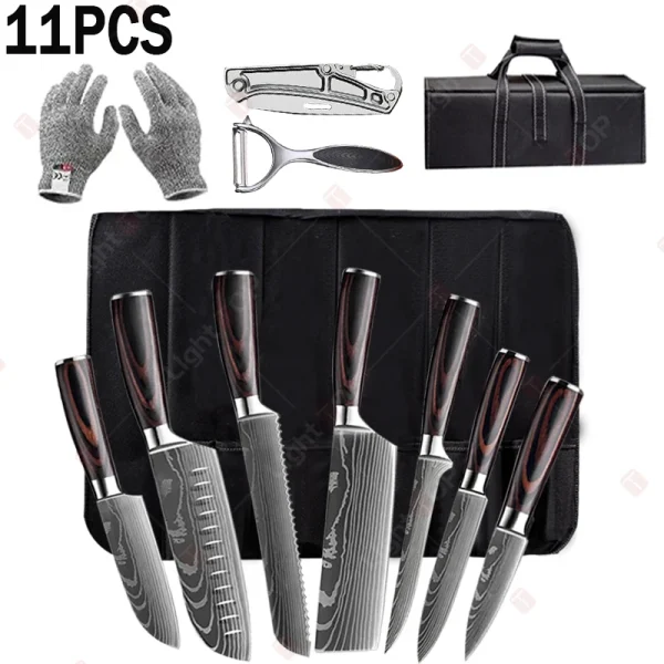 Damascus Laser Kitchen Knives Set Professional Boning Knife Japanese Santoku Knife Fruit Peeler Utility Knife with Storage bag
