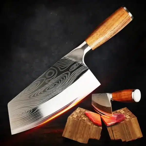 Professional Cleaver Knives Heavy Duty Chinese Knife Wooden Handle Laser Damascus Knife Cleaver Meat Chicken Fish Kitchen Knife - Image 3