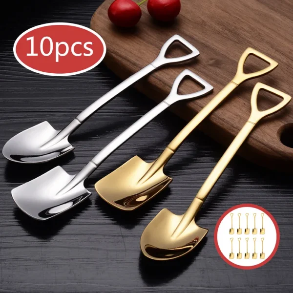 10Pcs Shovel Spoon Gold Silver Coffee Spoons Ice Cream Dessert Scoops Teaspoon Tableware Cutlery Set Kitchen Gadget Accessories