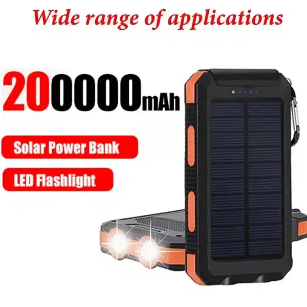 Portable Solar Power Bank 200000mAh Charging Poverbank Triple Protection External Battery Charger Strong LED Light and Dual USB