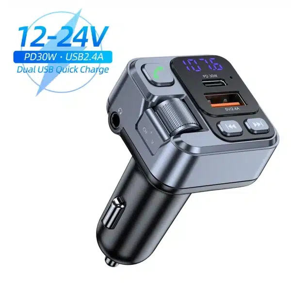 Bluetooth 5.1 FM Transmitter Car Charger 30W PD USB-C Fast Charger Car Radio with Mic for Wireless Hands Free Call MP3 Player