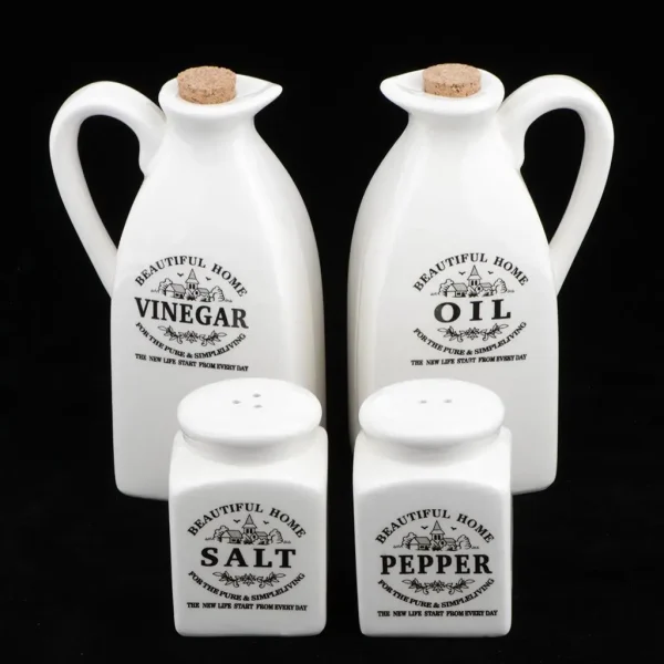 4Pcs White Ceramic Cruet Set for Oil Vinegar Salt Pepper Kitchen Tool Gadget