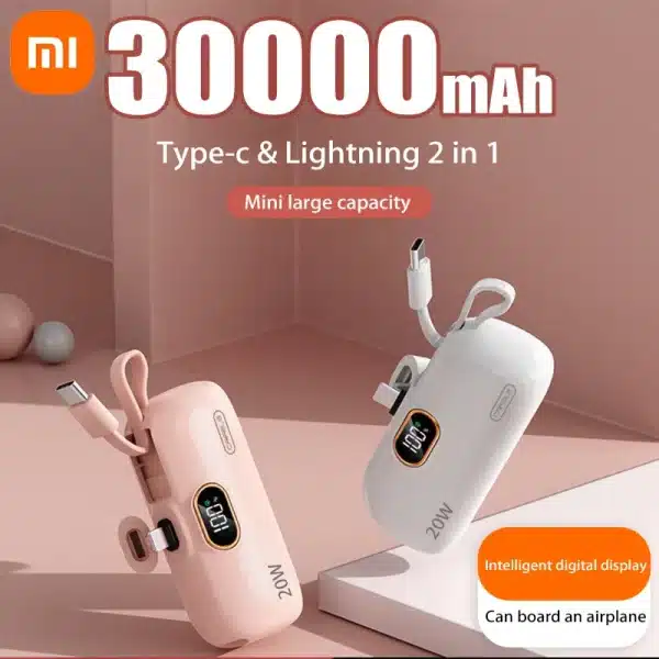 Xiaomi Mini 30000mAh Power Bank Built Cable Portable Mobile Phone Charger External Battery Capsule Powerbank For Type-C iPhone