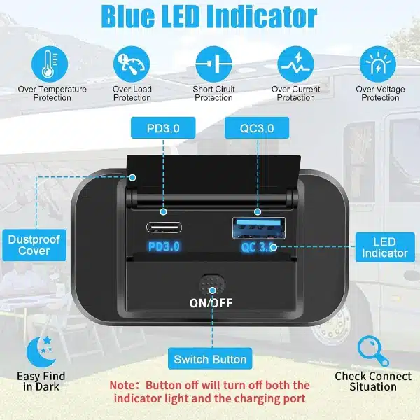 12V/24V In Car USB Charging Socket Motorhome USB Panel Mobile Charger QC3.0+PD3.0 Fast Charging for RV Bus touring car Boats - Image 3