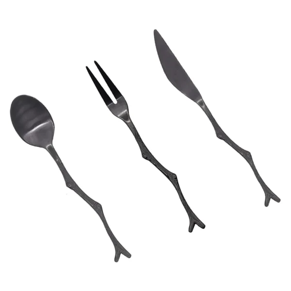 3pcs Spoon Fork Set Stainless Steel Vintage Flatware Tree Branch Design Fruit Cutlery for Home Restaurant (Black) - Image 5