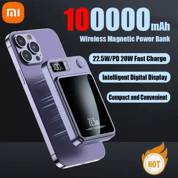 Xiaomi 100000mAh Capacity Power Bank Magnetic Wireless 22.5W Ultra Super Fast Charging Magnetic Powerbank For Iphone16 Samsung