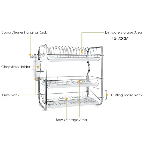 Multi-functional 3-Tier Dish Rack Kitchen Supplies Storage Rack Draining Rack with Chopsticks/Knives/Cutting Board Holder - Image 4