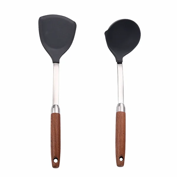 Silicone Head Non Stick Pan Frying Spatula Long Wooden Handle Food Cooking Shovel Soup Spoon Home Kitchenware Kitchen Gadgets