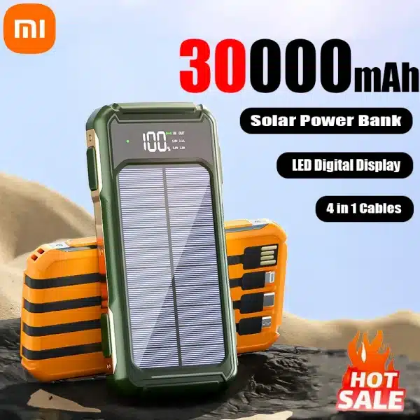 Xiaomi 30000mAh Large Capacity Solar Power Bank 4 in 1 Built in Cables Intelligent Digital Display Laser Light for Samsung Apple