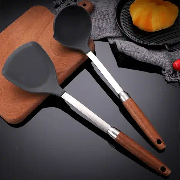 Silicone Head Non Stick Pan Frying Spatula Long Wooden Handle Food Cooking Shovel Soup Spoon Home Kitchenware Kitchen Gadgets - Image 3
