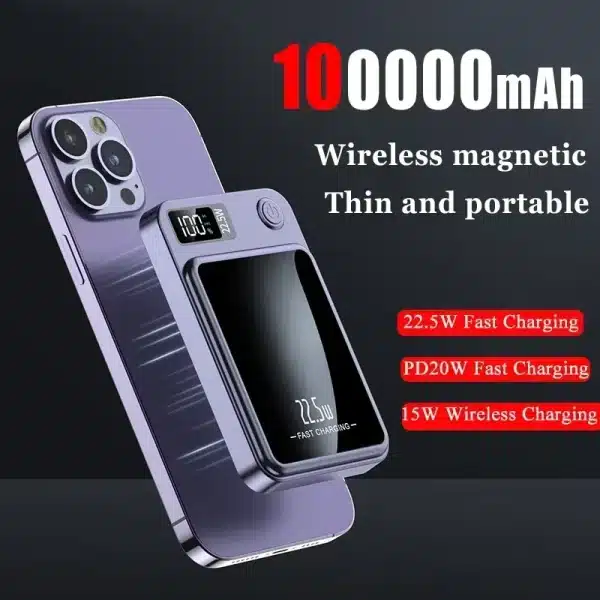 100000mAh Magsafe Power Bank Slim and Portable Charger High Capacity Qi Magnetic Wireless Fast Charging Power Bank for iPhone