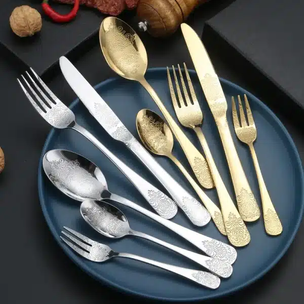 Stainless Steel Engraved Golden Cutlery Set Tableware Mirror Embossing Spoons Knives Forks Dinnerware Sets Kitchen Utensils - Image 5