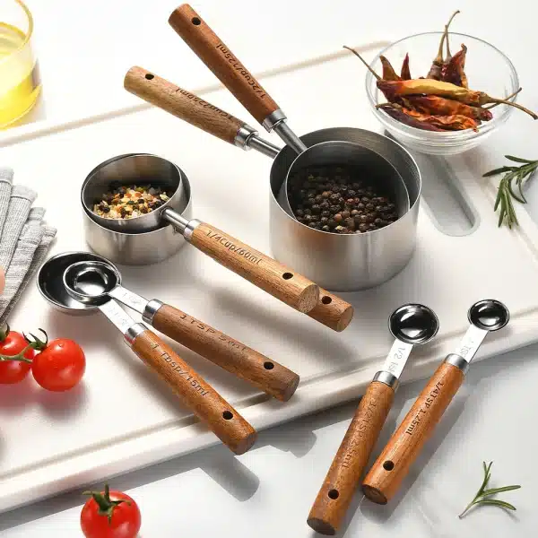 8Pcs Measuring Cup Spoon Sets Stainless Steel Wooden Handle Coffee Flour Scoop Bartending Scale Kitchen Cooking Gadget Sets - Image 4