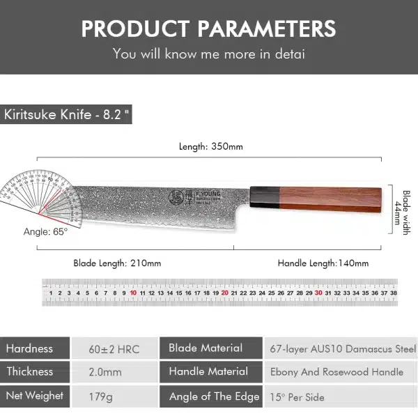 F.YOUNG 8.2-inch Japanese Kiritsuke Knife Damascus Steel Kitchen Chef Knives Sharp Professional Cleaver Hand Forged Cooking Tool - Image 6