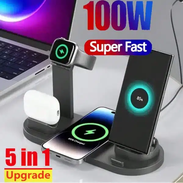 5 In 1 Wireless Charger Stand Pad For iPhone 15 14 13 12 11 X Apple Watch Airpods Desk Phone Chargers Fast Charging Dock Station