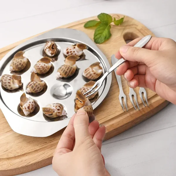 1set Seafood Tools for Conch Stainless Steel Oyster Pan Snail Shell Snail Cooking Plate Conch Clip and Fork Kitchen Gadgets