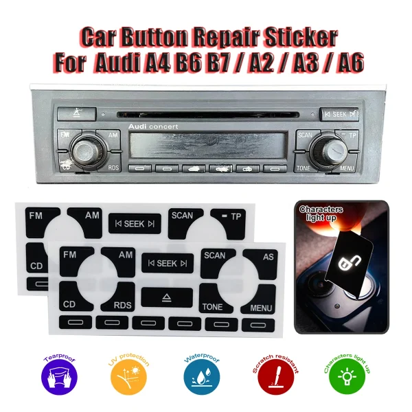 Radio Button Stickers For Audi A3 8P A4 B6 B7 A2 A6 Concert CD Player Stereo For Audi A2 Accessories Interior Replacement Parts