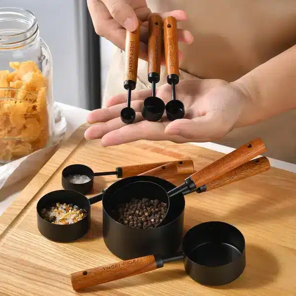 8Pcs Measuring Cup Spoon Sets Stainless Steel Wooden Handle Coffee Flour Scoop Bartending Scale Kitchen Cooking Gadget Sets - Image 3