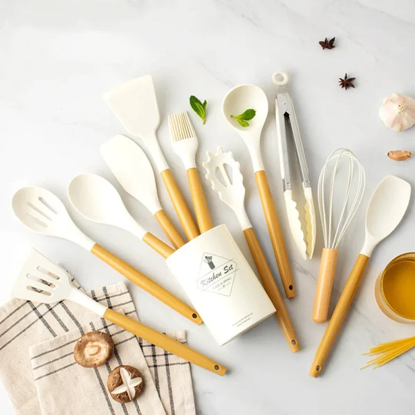 Kitchen PP Handle Silicone Cookware Set 12Pcs Silicone Kitchen Utensil Set Kitchen Gadgets Kitchen Tools With Storage Bucket