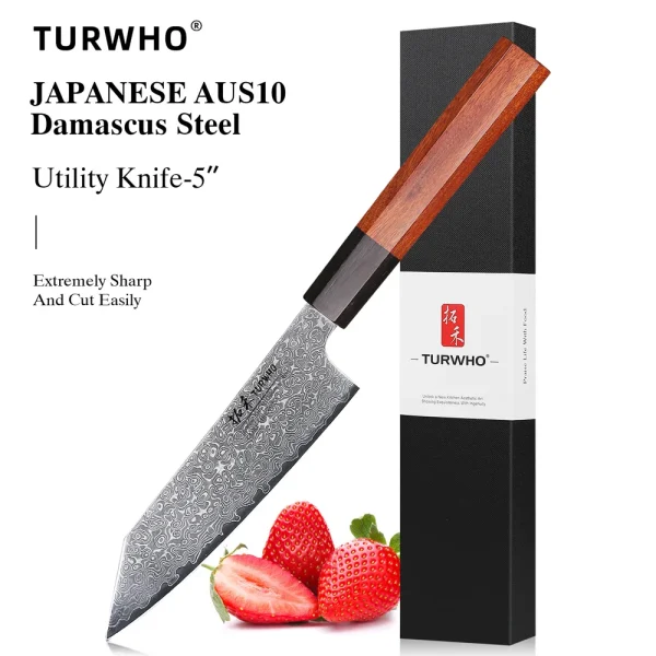 TURWHO 5" Kitchen Utility Knife Japanese Hand Forged Damascus Steel Chef Knives Vegetable Meat Peeling Fruit Knife Cooking Tools