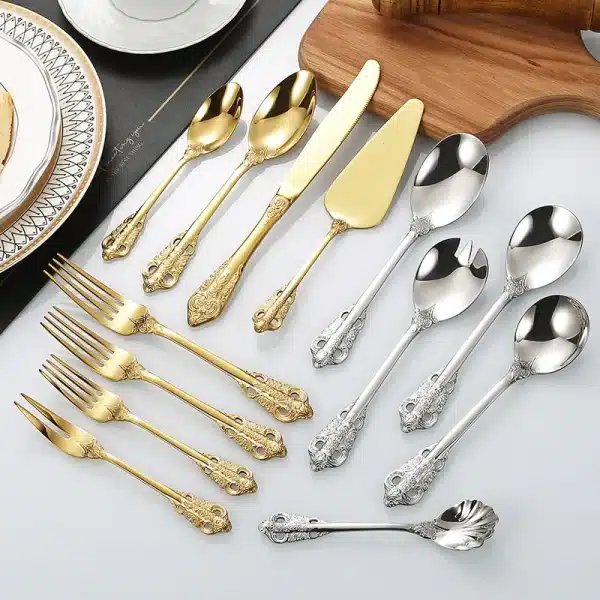 Kitchen Silver Gold Tableware Set Stainless Steel Royal Dessert Serving Spoon Forks Steak Knives Cutlery Western Dinnerware Gift - Image 6