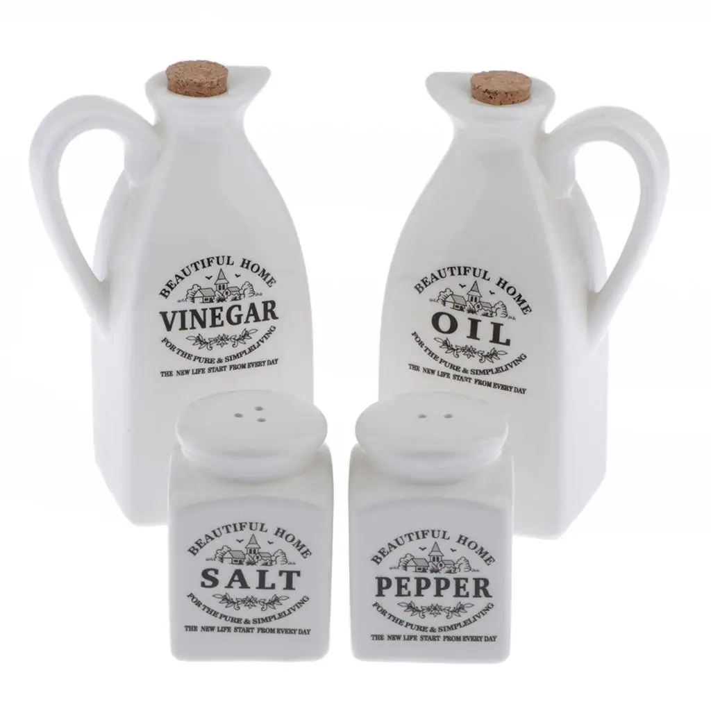 4Pcs White Ceramic Cruet Set for Oil Vinegar Salt Pepper Kitchen Tool Gadget