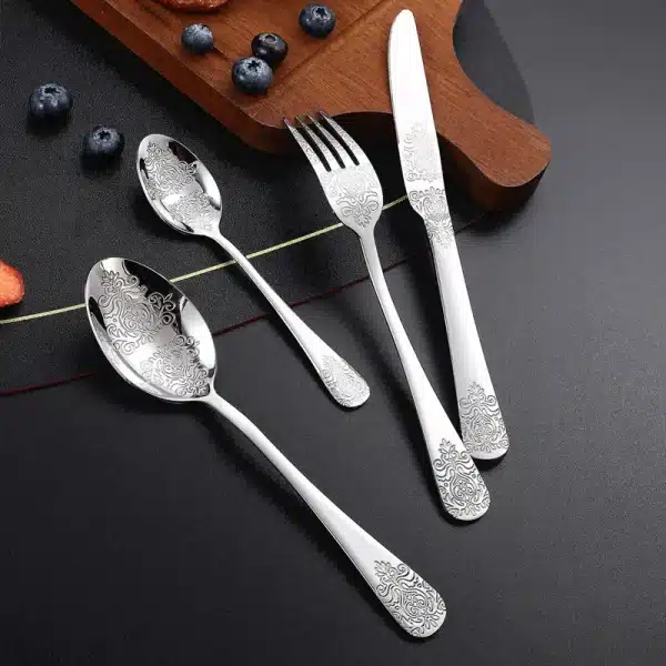 Stainless Steel Engraved Golden Cutlery Set Tableware Mirror Embossing Spoons Knives Forks Dinnerware Sets Kitchen Utensils - Image 3
