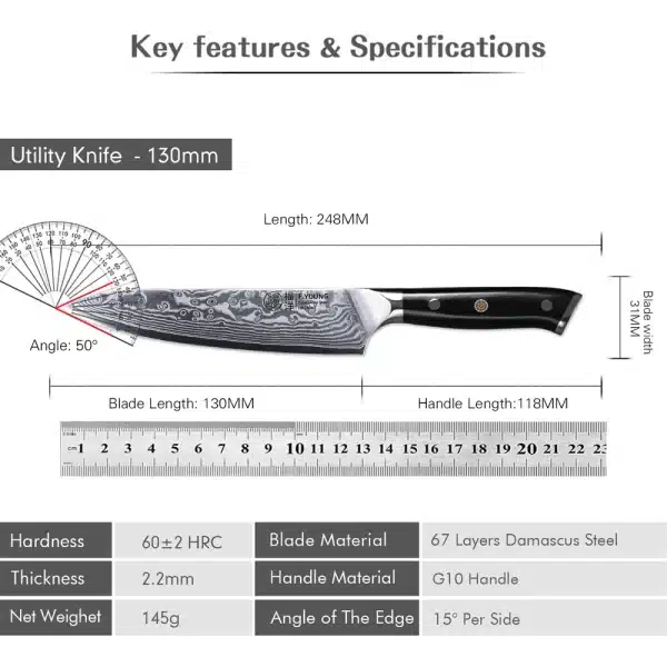 F.YOUNG 5 Inch Kitchen Utility Knife 67 Layer Damascus Steel Chef Fruit Peeling Knife Vegetable Knife Kitchen Tools G10 Handle - Image 6