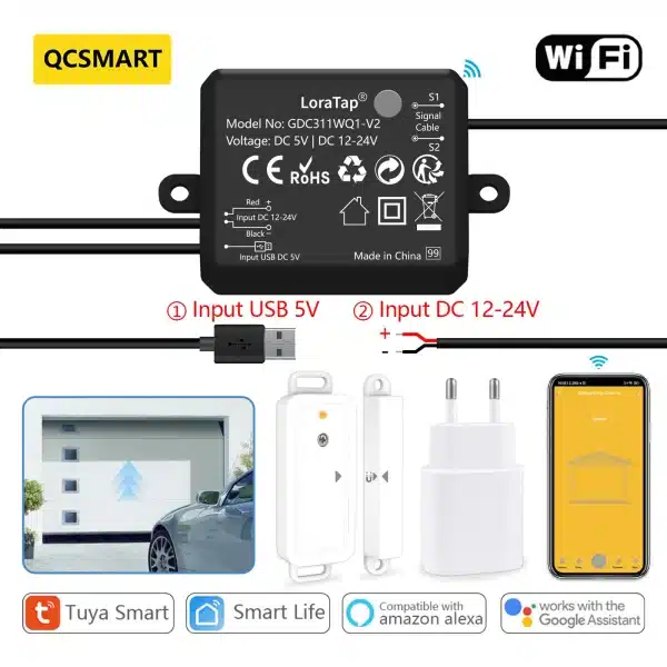 QCSMART Tuya Smart Life Garage Door Wireless Sensor Opener Controller Dry Contacts USB Charger Remote Control Google Home Alexa