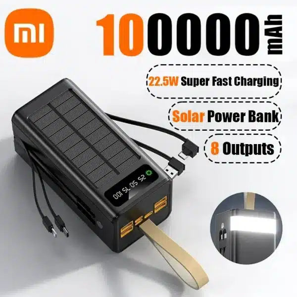 Xiaomi 100000mAh Solar Power Bank High-capacity Built-in Cables External Battery LED Light Power Bank for iPhone Samsung 2024