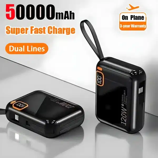 120W 50000mAh Portable Power Bank High Capacity Cable Two-way Fast Charging Mini 2in1 Wire Powerbank for iPhone Samsung ﻿Xiaomi