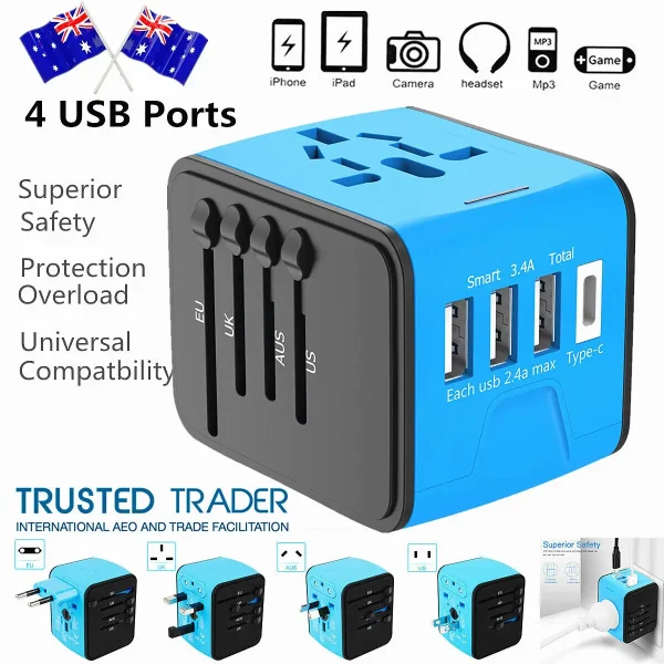 International Universal Travel Adapter 3 USB &Type-C Outlet Converter Plug Power Adapter Plug Charger