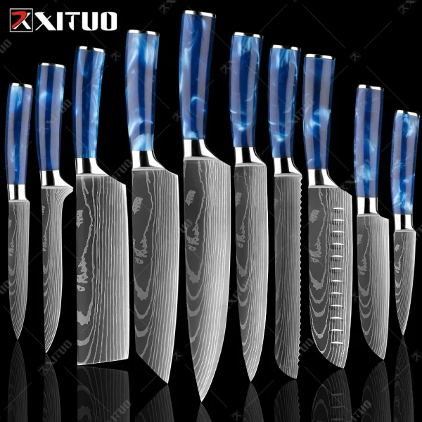 XITUO kitchen knives Set Exquisite blue resin handle Laser Damascus pattern Chef knife Santoku Cleaver Slicing Knives Best Gift