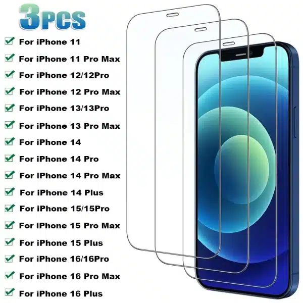 3PCS Tempered Glass For iPhone 11 12 13 14 15 16 Pro Max 13 Mini Screen Protector For iPhone 7 8 Plus X Xr Xs Max Glass Film