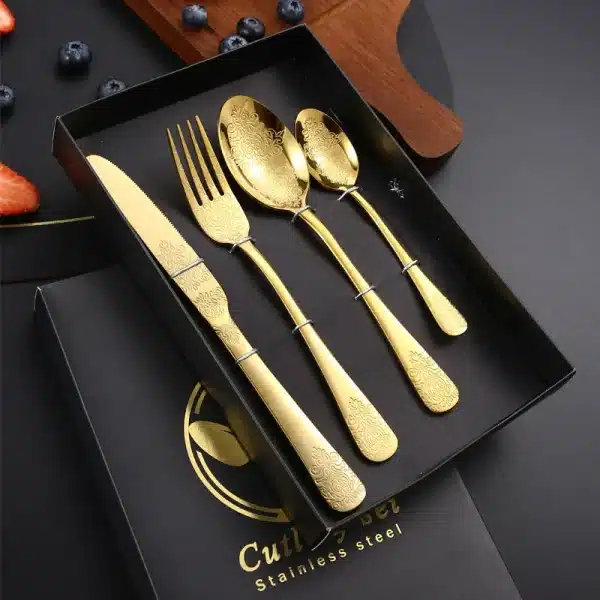 Stainless Steel Engraved Golden Cutlery Set Tableware Mirror Embossing Spoons Knives Forks Dinnerware Sets Kitchen Utensils - Image 4