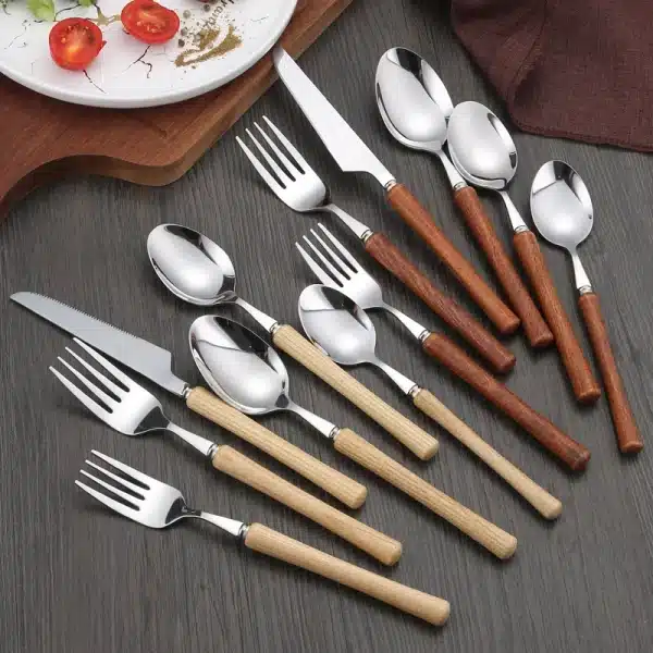 Wooden Handle Cutlery Set 304 Stainless Steel Knife Fork Spoon Teaspoon Dinnerware Set Japanese Tableware Kitchen Utensils - Image 3