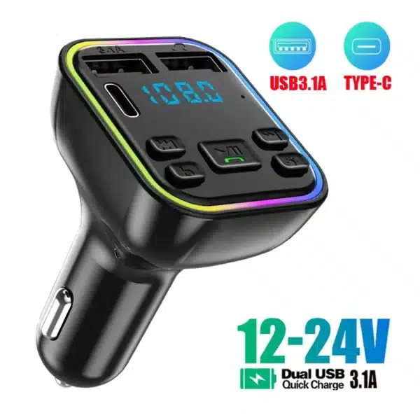 Bluetooth 5.0 FM Wireless Audio Transmitter Car Handsfree PD Type-C Dual USB 3.1A Fast Charger Car MP3 Player Audio Receiver